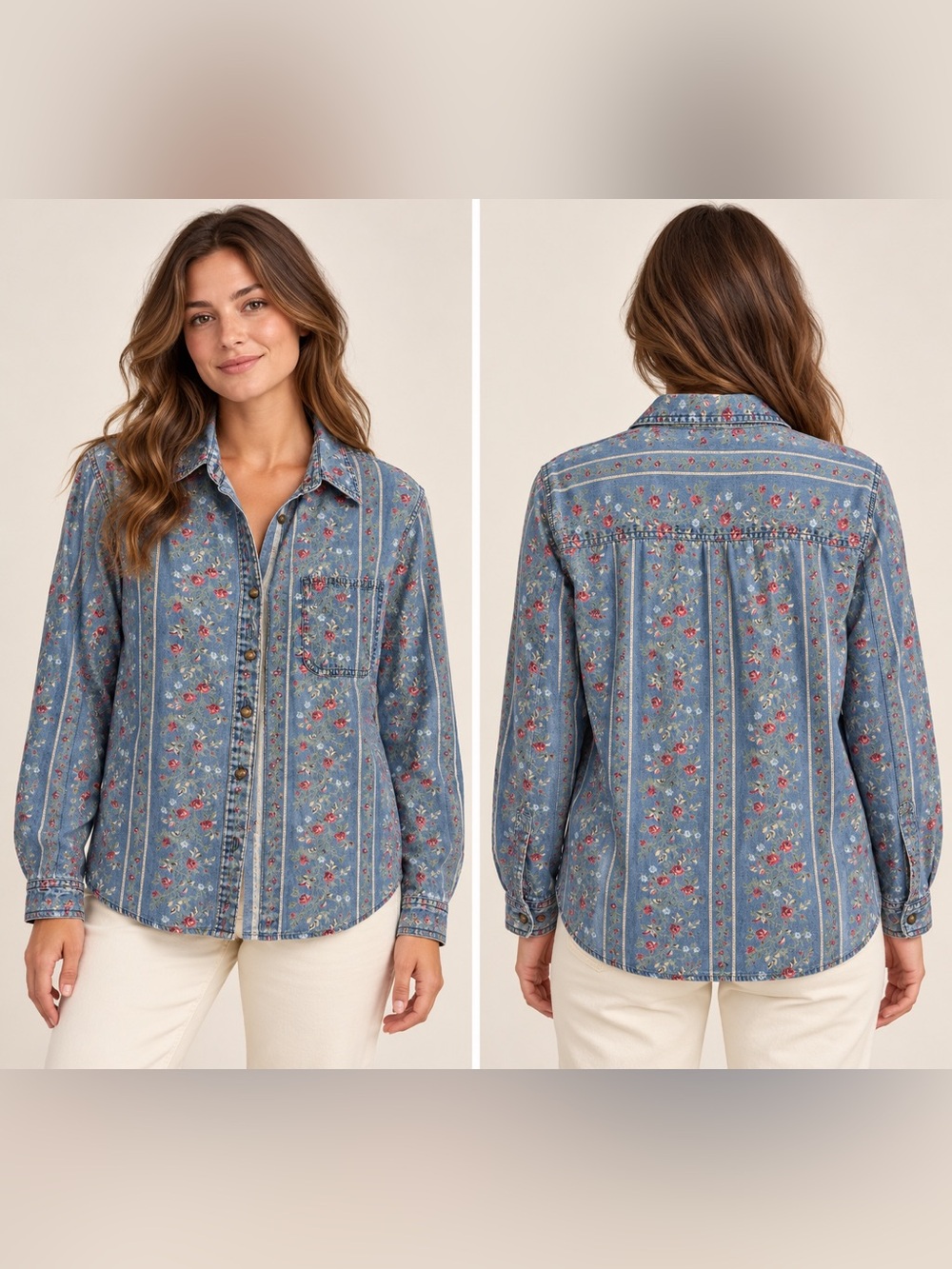 Vintage-Inspired Floral Denim Shirt Jacket - Blue